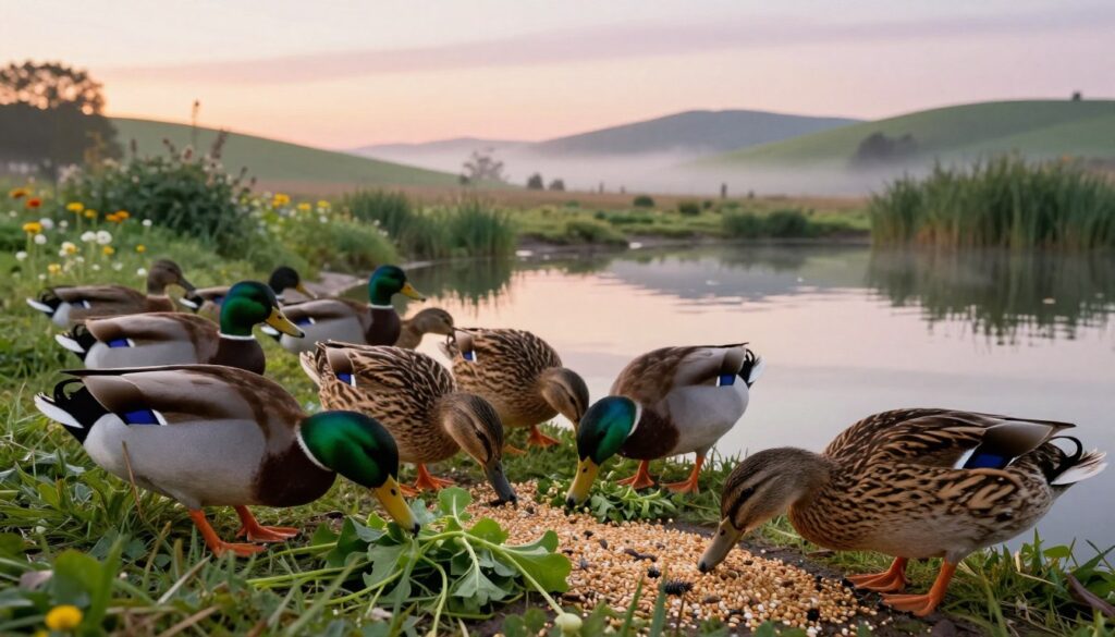 A serene farm setting at dawn showcasing a flock of intriguing dabbling ducks foraging along a tranquil pond. In the foreground, several vibrant, plump ducks, including males with iridescent green heads and females with speckled brown feathers, are actively pecking at a balanced diet of grains, greens, and insects, highlighting their nutritional needs. The middle ground features lush, green grass and patches of wildflowers, while the shimmering pond reflects the soft pastel colors of the early morning sky. In the background, gently rolling hills fade into mist, creating a peaceful ambiance. Soft, natural lighting casts warm hues over the scene, enhancing the sense of tranquility and well-being essential for promoting duck longevity. The entire composition evokes harmony and health, reflecting the essence of nurturing and sustaining life.