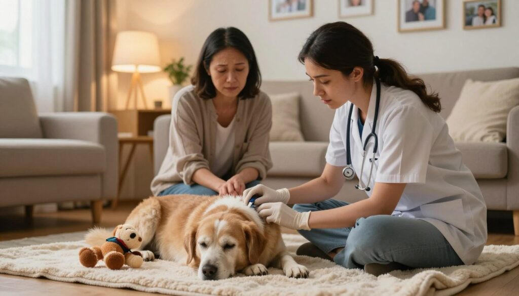 A serene home setting depicting a compassionate veterinary professional in modest casual attire administering euthanasia to an elderly dog on a cozy, soft blanket in a well-lit living room. The foreground features the dog peacefully resting, surrounded by comforting objects like a favorite toy and a gentle, warm light casting a calming atmosphere. In the middle ground, the veterinarian interacts compassionately with the dog's owner, who looks emotional but grateful, creating a sense of intimacy and care. The background displays warm, inviting colors with family photos and plants, enhancing the homey feel. Soft, diffused lighting emphasizes a tranquil mood, encouraging a sense of dignified farewell.