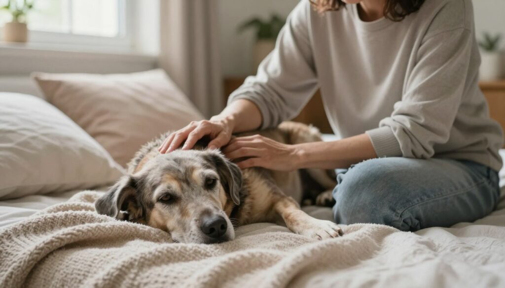 A serene indoor scene depicting a gentle, caring moment between a person and an elderly dog lying on a comfortable bed. The person, wearing modest casual clothing, is sitting beside the dog, softly stroking its fur, conveying comfort and companionship. The dog, with gray fur and tired eyes, is resting peacefully, surrounded by soft pillows and warm blankets. Ambient natural light filters through a nearby window, creating a warm, inviting atmosphere. In the background, a cozy home setting is visible, with soft colors and gentle decor, enhancing the mood of love and compassion. The overall composition should evoke tenderness and the deep bond between the person and the dog during a calm, intimate moment. A serene indoor scene depicting a gentle, caring moment between a person and an elderly dog lying on a comfortable bed. The person, wearing modest casual clothing, is sitting beside the dog, softly stroking its fur, conveying comfort and companionship. The dog, with gray fur and tired eyes, is resting peacefully, surrounded by soft pillows and warm blankets. Ambient natural light filters through a nearby window, creating a warm, inviting atmosphere. In the background, a cozy home setting is visible, with soft colors and gentle decor, enhancing the mood of love and compassion. The overall composition should evoke tenderness and the deep bond between the person and the dog during a calm, intimate moment.