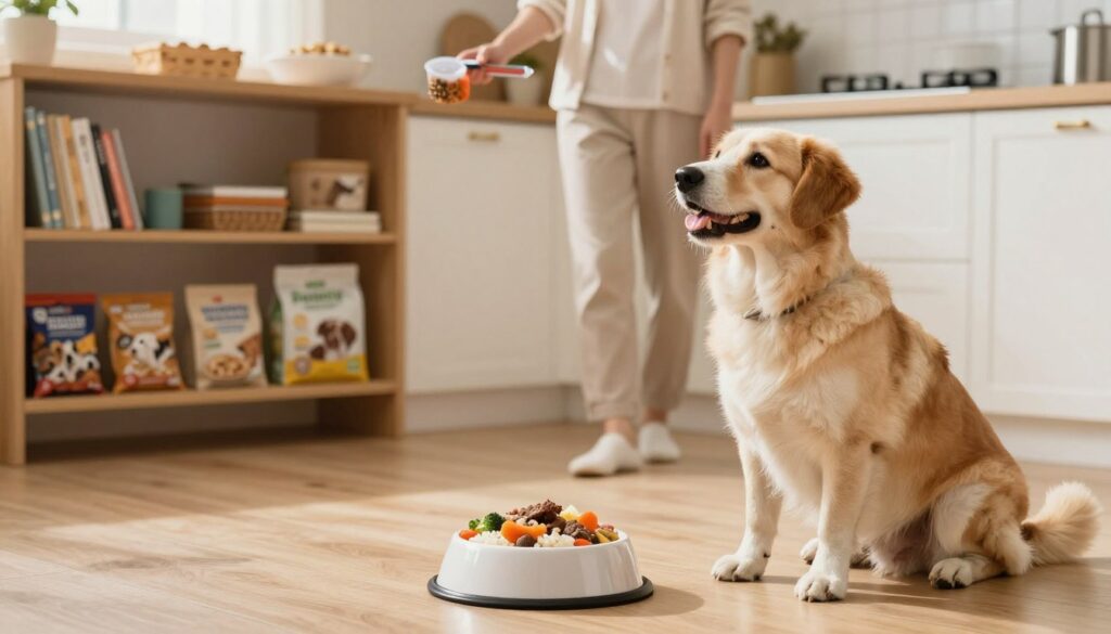 A serene kitchen setting bathed in warm, natural light, showcasing a happy dog sitting attentively in the foreground, gazing up expectantly at a bowl of freshly prepared dog food. The bowl, filled with nutritious ingredients like rice, vegetables, and lean meat, sits on a clean wooden floor. In the middle ground, a person prepares another dish on a countertop, dressed in modest casual clothing, demonstrating portion sizes with measuring cups. The background features shelves lined with pet nutrition books and dog treats, emphasizing a cozy, home-like atmosphere. The overall mood is friendly and informative, capturing the essence of caring for a dog's dietary needs while promoting healthy eating habits.