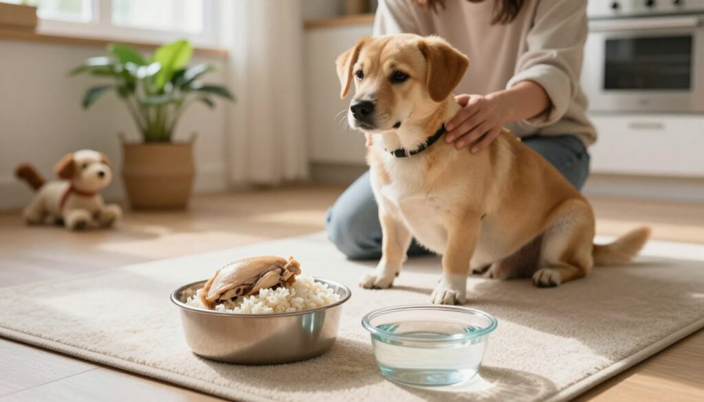 A serene kitchen setting with a warm, inviting atmosphere, featuring a healthy dog sitting patiently on a soft mat. In the foreground, a bowl with plain boiled chicken and rice sits alongside a water dish filled with fresh water, both appearing appetizing and safe for dogs recovering from diarrhea. In the middle ground, a pet owner—wearing casual, modest clothing—gently pets the dog, showing care and attentiveness. Soft, natural lighting streams in from a window, creating a cozy ambiance. In the background, homey elements like a potted plant and dog toys add to the comforting environment, emphasizing a nurturing approach to dog care. The overall mood is calm and supportive, reflecting a safe space for pet recovery.