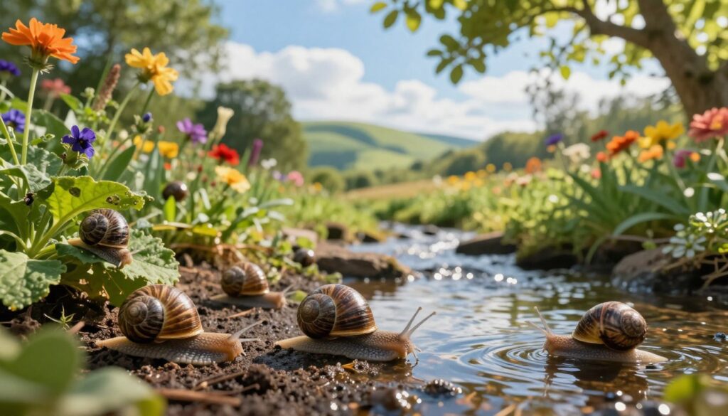 A serene natural environment depicting various snail species in their thriving habitats. In the foreground, a vibrant garden setting with lush green plants and colorful flowers, showcasing the diverse shells of snails clinging to leaves and crawling along damp soil. The middle ground features a gently flowing stream, reflecting dappled sunlight filtering through overhanging branches, emphasizing the vital role of moisture in the snails’ lifespans. In the background, a soft-focus view of rolling hills under a bright blue sky with fluffy white clouds, creating an idyllic atmosphere. The lighting is warm and inviting, suggesting a peaceful day. The overall mood conveys tranquility and highlights the harmony between snails and their environments.