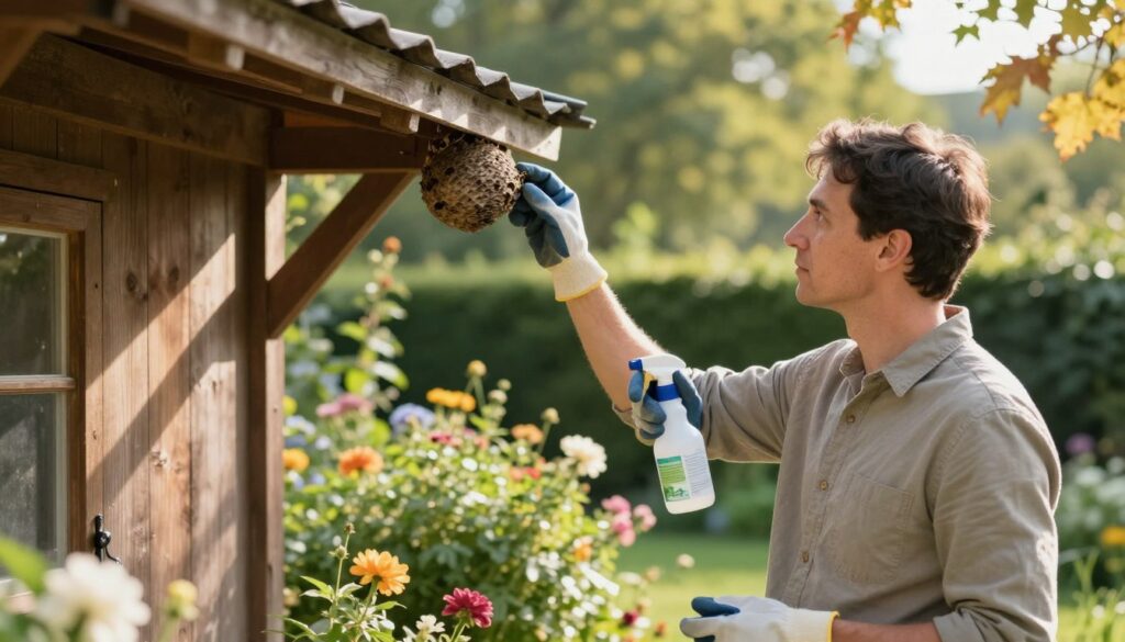 A serene outdoor setting in late summer, showcasing a peaceful garden environment. In the foreground, a professional man in modest casual clothing is carefully inspecting a wasp nest attached to the eaves of a wooden shed, wearing protective gloves and holding a spray bottle labeled with natural pest control ingredients. The middle ground features blooming flowers and lush green bushes, creating a vibrant and inviting atmosphere. In the background, soft sunlight filters through the trees, casting gentle shadows, with hints of autumn leaves starting to appear. The overall mood is thoughtful and proactive, emphasizing safe and preventive measures against wasps. Use a warm color palette to enhance the idea of a tranquil yet alert approach to pest management.