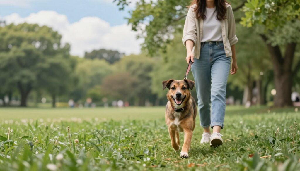 A serene park setting featuring a happy dog on a leash during a walk. In the foreground, the dog—a medium-sized, well-groomed female, with a shiny coat and a content expression—romps joyfully on a grassy path, surrounded by lush greenery. In the middle ground, a responsible dog owner, dressed in casual attire, gently guides the dog while attentively keeping an eye on her surroundings. The background showcases vibrant trees and a soft blue sky with fluffy clouds, creating a peaceful atmosphere. The lighting is bright yet soft, reminiscent of a sunny afternoon, casting gentle shadows and illuminating the scene. The image conveys a sense of safety, care, and companionship, emphasizing the importance of safe and enjoyable walks during the dog's heat cycle.