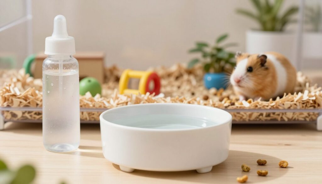A serene pet habitat featuring a clean and well-maintained water bowl for a Syrian hamster. In the foreground, the bowl is filled with fresh, clear water, reflecting soft light. Nearby, a small, hanging water bottle shows droplets glistening in the light. The middle ground displays a cozy hamster enclosure with natural bedding materials, a few colorful toys, and small food pellets scattered around. In the background, a soft-focus view of a peaceful room with neutral-colored walls and plants, creating a warm and inviting atmosphere. The lighting is bright yet gentle, suggesting a sunny day, enhancing the clean and healthy environment suitable for a pet hamster. A serene pet habitat featuring a clean and well-maintained water bowl for a Syrian hamster. In the foreground, the bowl is filled with fresh, clear water, reflecting soft light. Nearby, a small, hanging water bottle shows droplets glistening in the light. The middle ground displays a cozy hamster enclosure with natural bedding materials, a few colorful toys, and small food pellets scattered around. In the background, a soft-focus view of a peaceful room with neutral-colored walls and plants, creating a warm and inviting atmosphere. The lighting is bright yet gentle, suggesting a sunny day, enhancing the clean and healthy environment suitable for a pet hamster.