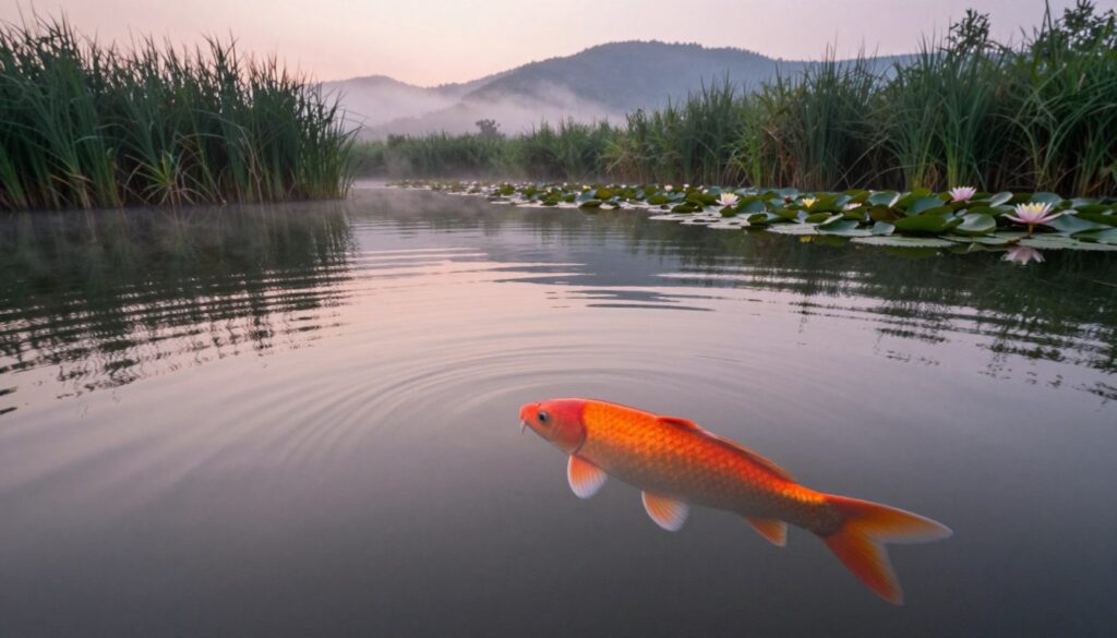 A serene pond setting at dawn with rippling water reflecting soft pastel colors of the sky. In the foreground, a vibrant, lively carp swimming gracefully, its scales glistening in the early light. The middle ground features lush greenery along the pond's edge, including reeds and water lilies, creating a natural habitat. In the background, gentle hills rise, covered in morning mist, enhancing the tranquility of the scene. The lighting is soft and diffused, emphasizing the calm atmosphere and the beauty of nature. The perspective is slightly angled from above, focusing on the carp while still capturing the idyllic surroundings. The mood is peaceful and contemplative, ideal for illustrating the longevity and environment of carp in ponds. A serene pond setting at dawn with rippling water reflecting soft pastel colors of the sky. In the foreground, a vibrant, lively carp swimming gracefully, its scales glistening in the early light. The middle ground features lush greenery along the pond's edge, including reeds and water lilies, creating a natural habitat. In the background, gentle hills rise, covered in morning mist, enhancing the tranquility of the scene. The lighting is soft and diffused, emphasizing the calm atmosphere and the beauty of nature. The perspective is slightly angled from above, focusing on the carp while still capturing the idyllic surroundings. The mood is peaceful and contemplative, ideal for illustrating the longevity and environment of carp in ponds.