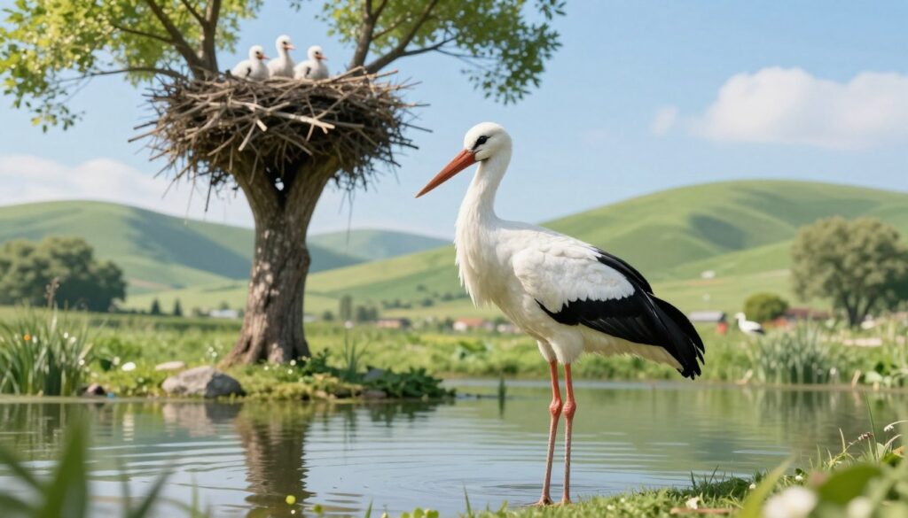 A serene scene depicting a white stork in its natural habitat, symbolizing the average lifespan of the species. In the foreground, a majestic adult white stork stands gracefully by a tranquil lake, its long legs wading through shallow water. In the middle ground, a nest with fluffy stork chicks nestled among twigs in a tall tree. The background features a lush green landscape with gentle rolling hills under a clear blue sky, soft sunlight filtering through the leaves. The lighting creates a warm, inviting atmosphere, enhancing the peacefulness of the setting. The composition should be captured from a slightly low angle, emphasizing the stork's stature and the nurturing environment. The overall mood is calm and hopeful, reflecting themes of life and survival in nature.