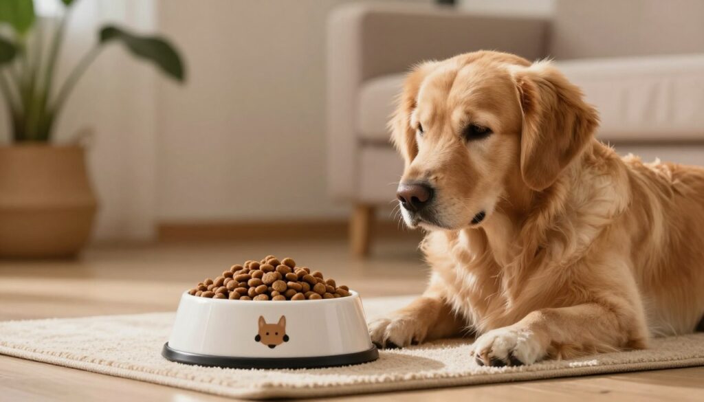 A serene scene of a selective dog sitting calmly beside a beautifully designed dog bowl filled with high-quality kibble. In the foreground, the dog, a well-groomed Golden Retriever, looks curiously at the bowl, displaying an elegant posture with its ears perked up. The middle ground features the bowl on a cozy mat, surrounded by gentle, warm lighting that creates a peaceful atmosphere. The background illustrates a softly decorated room with subtle hints of greenery and soft textures, enhancing the calming environment. The overall mood should be inviting and tranquil, capturing the essence of mindful feeding for picky eaters in a warm, loving home setting. A serene scene of a selective dog sitting calmly beside a beautifully designed dog bowl filled with high-quality kibble. In the foreground, the dog, a well-groomed Golden Retriever, looks curiously at the bowl, displaying an elegant posture with its ears perked up. The middle ground features the bowl on a cozy mat, surrounded by gentle, warm lighting that creates a peaceful atmosphere. The background illustrates a softly decorated room with subtle hints of greenery and soft textures, enhancing the calming environment. The overall mood should be inviting and tranquil, capturing the essence of mindful feeding for picky eaters in a warm, loving home setting.