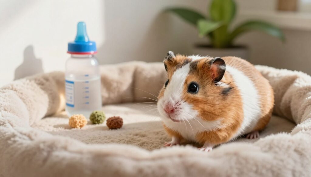A serene setting featuring a well-cared-for pregnant hamster in a cozy habitat. In the foreground, a soft, plush bedding area is visible, with the hamster nestled comfortably, its eyes bright and attentive. Soft, natural lighting illuminates the scene, casting gentle shadows that enhance the warmth of the environment. In the middle ground, you'll see a small, colorful water bottle and a few healthy treats nearby, emphasizing nurturing care. The background features a calming, simple design with a few greenery accents, suggesting a safe and tranquil space. The atmosphere is peaceful and reassuring, capturing the essence of gentle care and preparation for the arrival of baby hamsters. The composition is focused, using a close-up angle to draw attention to the hamster, conveying a sense of love and security.