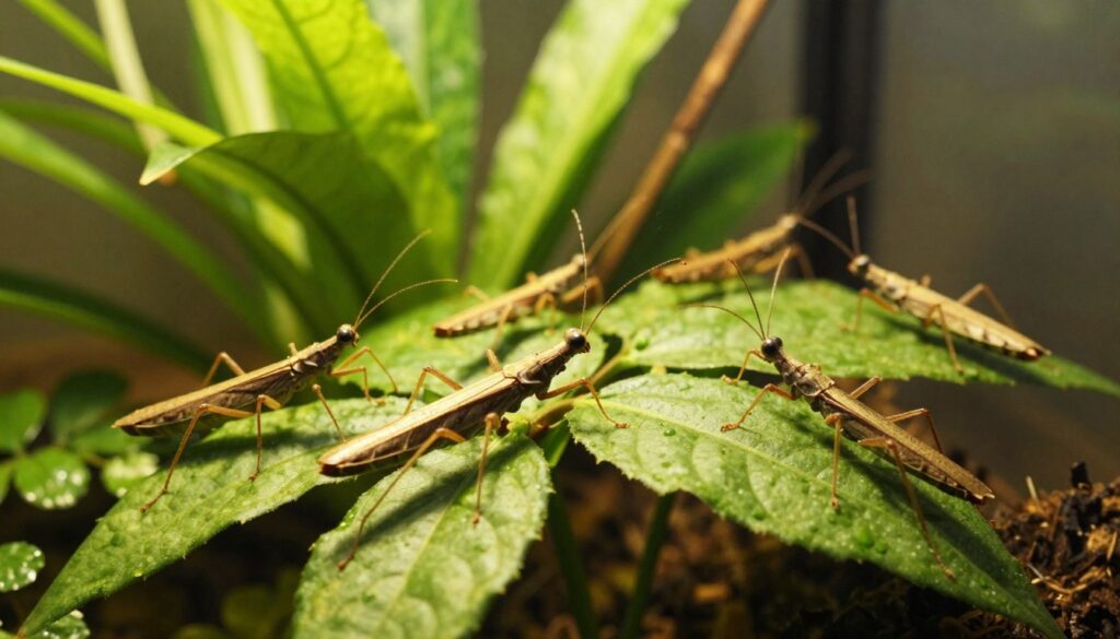A serene terrarium scene showcasing stick insects (patyczaki) actively feeding on lush green leaves. In the foreground, several stick insects, with elongated bodies resembling twigs, are delicately perched on vibrant foliage, their intricate textures and colors highlighted. In the middle ground, a variety of leafy plants create a natural habitat, with soft sunlight filtering through, casting gentle shadows. The background features blurred greenery, suggesting depth and a tranquil environment. The overall mood is calm and nurturing, emphasizing the insects' connection to their diet and habitat. The lighting is warm and inviting, enhancing the vivid details of the insects and their surroundings.