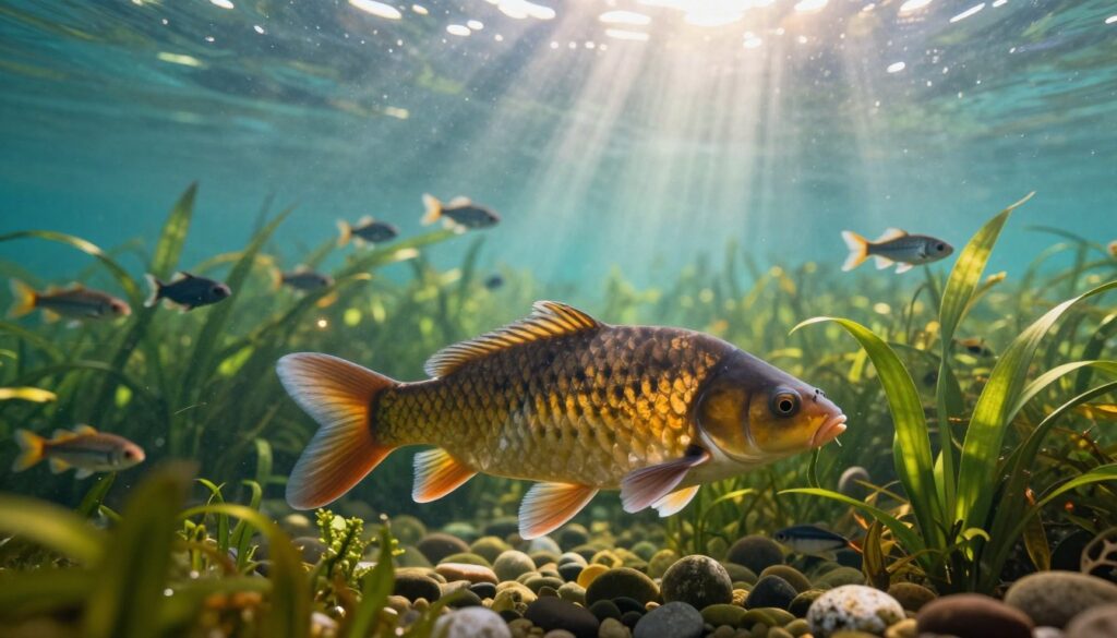 A serene underwater scene depicting a healthy carp swimming gracefully among lush aquatic vegetation. In the foreground, the carp, with its distinctive scales and vibrant colors, glides through clear water, surrounded by green plants and pebbles. In the middle ground, diverse species of fish and small aquatic organisms interact, representing a balanced ecosystem. The background features a gentle gradient of sunlight filtering through the water's surface, creating a tranquil yet lively atmosphere. The soft rays illuminate the scene, enhancing the sense of depth and serenity. This image captures the key environmental factors influencing the carp's lifespan, with an emphasis on natural beauty and ecological harmony. The overall mood conveys peace and vitality, highlighting the underwater world where these fish thrive. A serene underwater scene depicting a healthy carp swimming gracefully among lush aquatic vegetation. In the foreground, the carp, with its distinctive scales and vibrant colors, glides through clear water, surrounded by green plants and pebbles. In the middle ground, diverse species of fish and small aquatic organisms interact, representing a balanced ecosystem. The background features a gentle gradient of sunlight filtering through the water's surface, creating a tranquil yet lively atmosphere. The soft rays illuminate the scene, enhancing the sense of depth and serenity. This image captures the key environmental factors influencing the carp's lifespan, with an emphasis on natural beauty and ecological harmony. The overall mood conveys peace and vitality, highlighting the underwater world where these fish thrive.