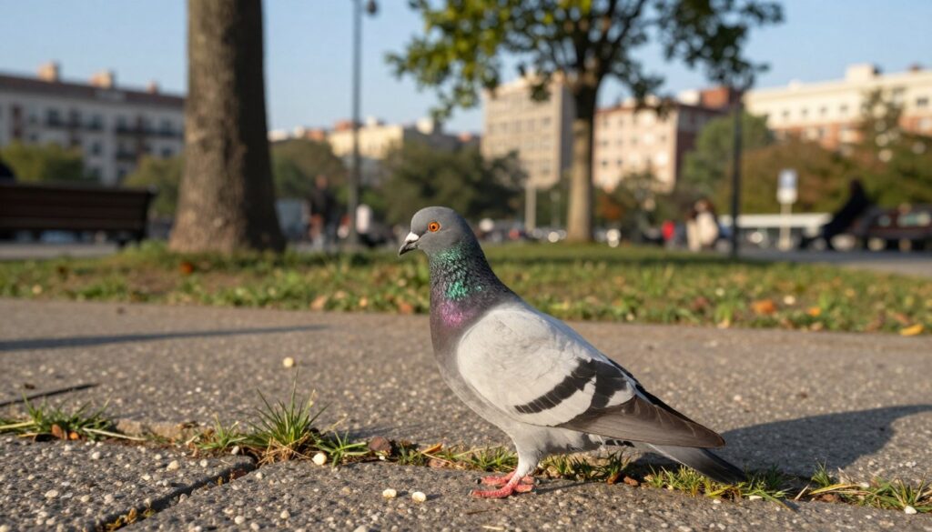 A serene urban park scene featuring a healthy pigeon perched on a stone path, its feathers reflecting soft sunlight. In the foreground, the pigeon is detailed with iridescent neck feathers and a curious gaze, surrounded by sparse grass and small stones. In the middle ground, several scattered breadcrumbs hint at the bird's search for food, with a gentle breeze causing leaves to rustle in nearby trees. The background features blurred, distant city buildings under a clear blue sky, conveying a peaceful yet bustling urban setting. The atmosphere is calm yet full of life, embodying the resilience of pigeons in cities. The lighting is warm and inviting, reminiscent of a late afternoon.