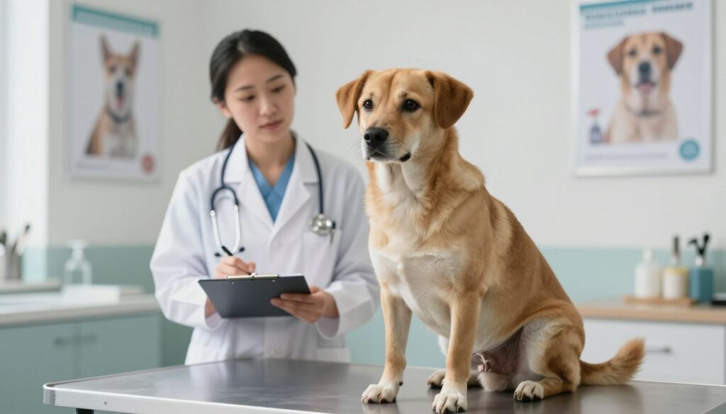 A serene veterinary clinic setting bathed in soft, natural light, showcasing a female dog in the foreground, displaying signs of her heat cycle. The dog is a medium-sized breed, with a gentle expression and relaxed posture, sitting on a comfortable examination table. In the middle ground, a professional veterinarian in a white coat examines the dog, taking notes on a clipboard, symbolizing careful observation of symptoms. The background features pet care posters and medical tools, creating an educational atmosphere. The overall mood is calm and informative, reflecting the attentive care given to the dog during this important phase, highlighting key behavioral and physical signs associated with a dog's estrous cycle.