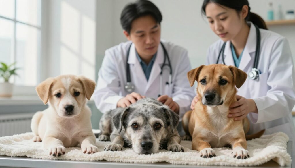 A serene veterinary clinic setting featuring three distinct groups of dogs at risk: a playful puppy with a concerned expression, an elderly dog with gray fur and soulful eyes resting on a soft blanket, and a visibly uneasy dog with a chronic condition sitting beside a compassionate veterinarian. The foreground includes the puppy and the elderly dog, while the middle layer showcases the veterinarian attentively looking at the chronic dog, creating a sense of care and compassion. In the background, soft, natural light filters through a window, casting gentle shadows that enhance the warmth of the scene. The overall atmosphere should evoke empathy and understanding, reflecting the vulnerability of these special risk groups and emphasizing the importance of care for dogs in need. A serene veterinary clinic setting featuring three distinct groups of dogs at risk: a playful puppy with a concerned expression, an elderly dog with gray fur and soulful eyes resting on a soft blanket, and a visibly uneasy dog with a chronic condition sitting beside a compassionate veterinarian. The foreground includes the puppy and the elderly dog, while the middle layer showcases the veterinarian attentively looking at the chronic dog, creating a sense of care and compassion. In the background, soft, natural light filters through a window, casting gentle shadows that enhance the warmth of the scene. The overall atmosphere should evoke empathy and understanding, reflecting the vulnerability of these special risk groups and emphasizing the importance of care for dogs in need.