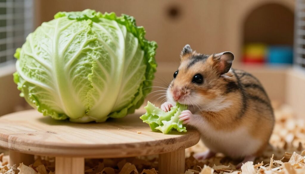 A small, curious hamster reaching out with its tiny paws to gently nibble on a piece of bright green cabbage, set against a cozy, warm wooden habitat. In the foreground, soft natural light illuminates the hamster's fur, highlighting its inquisitive eyes. In the middle ground, a fresh, crisp leaf of cabbage is placed on a small wooden platform, showcasing the texture and color of the vegetable. The background features a softly blurred, welcoming cage environment with wood shavings and a few colorful toys, enhancing the sense of comfort and safety. The overall mood is gentle and inviting, celebrating the bond between pet and caregiver with an emphasis on care and nutrition. A small, curious hamster reaching out with its tiny paws to gently nibble on a piece of bright green cabbage, set against a cozy, warm wooden habitat. In the foreground, soft natural light illuminates the hamster's fur, highlighting its inquisitive eyes. In the middle ground, a fresh, crisp leaf of cabbage is placed on a small wooden platform, showcasing the texture and color of the vegetable. The background features a softly blurred, welcoming cage environment with wood shavings and a few colorful toys, enhancing the sense of comfort and safety. The overall mood is gentle and inviting, celebrating the bond between pet and caregiver with an emphasis on care and nutrition.