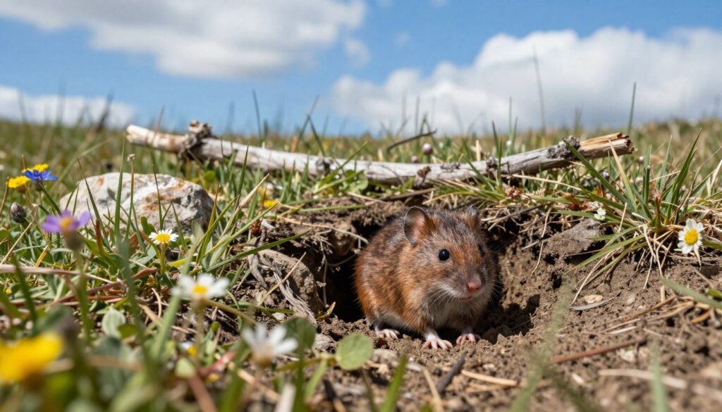 A small field mouse in its natural habitat, cautiously exploring the rugged terrain of a grassy meadow. The mouse is depicted recently emerging from a burrow, with its tiny, alert eyes scanning the surroundings for potential threats. In the foreground, delicate wildflowers and tufts of grass frame the scene, adding vibrant colors and texture. The middle ground features a variety of natural obstacles – stones, fallen branches, and patches of dirt – reflecting the challenges mice face in the wild. In the background, a bright blue sky with soft, fluffy clouds creates a sense of openness and freedom. The warm sunlight casts gentle shadows, enhancing the peaceful yet vulnerable mood of the scene. The overall atmosphere conveys the theme of life in the wild, showcasing the beauty and hardships of nature. A small field mouse in its natural habitat, cautiously exploring the rugged terrain of a grassy meadow. The mouse is depicted recently emerging from a burrow, with its tiny, alert eyes scanning the surroundings for potential threats. In the foreground, delicate wildflowers and tufts of grass frame the scene, adding vibrant colors and texture. The middle ground features a variety of natural obstacles – stones, fallen branches, and patches of dirt – reflecting the challenges mice face in the wild. In the background, a bright blue sky with soft, fluffy clouds creates a sense of openness and freedom. The warm sunlight casts gentle shadows, enhancing the peaceful yet vulnerable mood of the scene. The overall atmosphere conveys the theme of life in the wild, showcasing the beauty and hardships of nature.