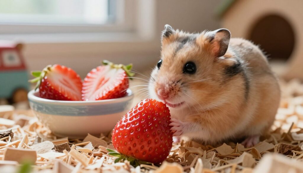 A small, fluffy hamster sitting on a soft, natural substrate, curiously sniffing a fresh strawberry slice. In the foreground, the vibrant red strawberry slice has visible seeds and glistens with fresh juice. In the middle ground, a small, colorful ceramic bowl is filled with several strawberry slices, scattered with tiny green leaves. In the background, a cozy hamster habitat with wooden chips and a few playful toys creates a warm atmosphere. Soft, diffused daylight streams in from a nearby window, illuminating the scene with a gentle, inviting glow. The overall mood is cheerful and nurturing, showcasing the delicate balance of a treat for the hamster while emphasizing the importance of portion control. A small, fluffy hamster sitting on a soft, natural substrate, curiously sniffing a fresh strawberry slice. In the foreground, the vibrant red strawberry slice has visible seeds and glistens with fresh juice. In the middle ground, a small, colorful ceramic bowl is filled with several strawberry slices, scattered with tiny green leaves. In the background, a cozy hamster habitat with wooden chips and a few playful toys creates a warm atmosphere. Soft, diffused daylight streams in from a nearby window, illuminating the scene with a gentle, inviting glow. The overall mood is cheerful and nurturing, showcasing the delicate balance of a treat for the hamster while emphasizing the importance of portion control.