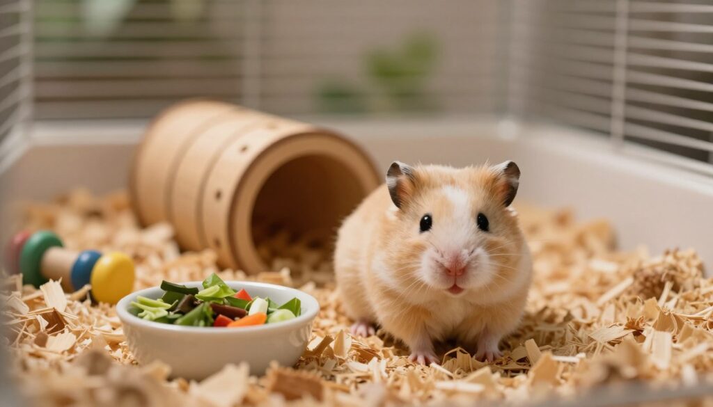 A solitary Dzungarian hamster in a cozy habitat, softly illuminated by warm light, positioned in the foreground. The hamster, with its fluffy beige and white fur, is perched on a small mound of wood shavings, looking curiously towards the viewer, while a tiny bowl of fresh vegetables sits nearby. The middle ground features a small, intricately designed wooden tunnel and a few scattered toys, giving a sense of playfulness and comfort. In the background, a blurred view of a naturalistic cage with subtle greenery hints at a safe environment. The overall mood is peaceful and introspective, capturing the essence of the hamster's solitary nature versus its need for companionship. The camera angle is slightly above eye level, providing a clear view of the hamster's expressions and surroundings.