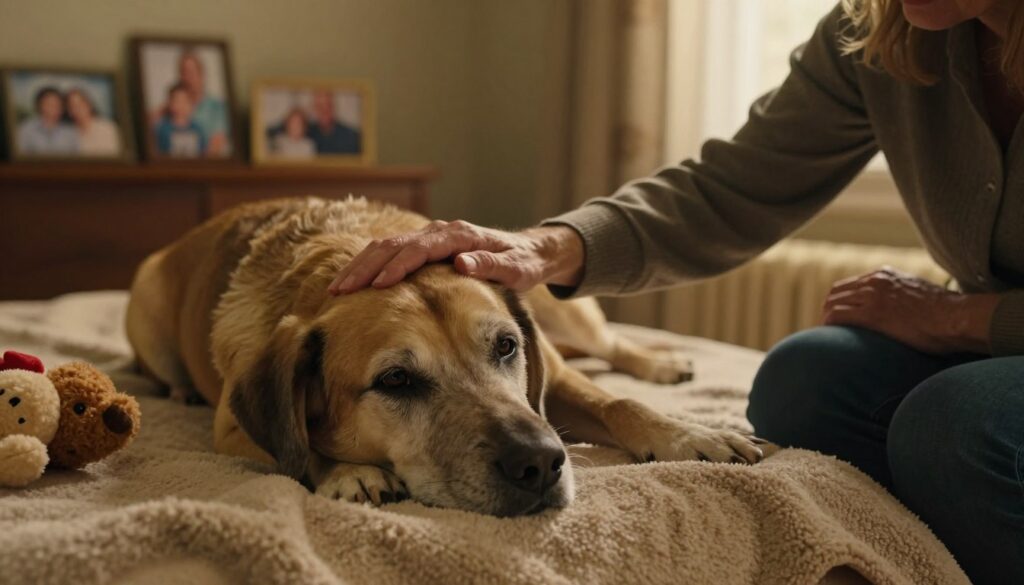 A somber scene depicting an elderly dog lying peacefully on a soft, warm blanket in a cozy living room. The dog’s fur is graying, eyes gentle yet reflective, showcasing a deep emotional bond with its surroundings. In the foreground, a loving owner sits beside the dog, reaching out to gently stroke its head, with an expression of concern and compassion. The warm, soft lighting creates a comforting atmosphere, casting a golden hue that enhances the sense of serenity and love. In the background, family photos are softly blurred, representing cherished memories, alongside a favorite toy lying nearby. The overall mood of the image is bittersweet, capturing the essence of companionship and the poignant moments shared as the dog's life comes to a close. A somber scene depicting an elderly dog lying peacefully on a soft, warm blanket in a cozy living room. The dog’s fur is graying, eyes gentle yet reflective, showcasing a deep emotional bond with its surroundings. In the foreground, a loving owner sits beside the dog, reaching out to gently stroke its head, with an expression of concern and compassion. The warm, soft lighting creates a comforting atmosphere, casting a golden hue that enhances the sense of serenity and love. In the background, family photos are softly blurred, representing cherished memories, alongside a favorite toy lying nearby. The overall mood of the image is bittersweet, capturing the essence of companionship and the poignant moments shared as the dog's life comes to a close.
