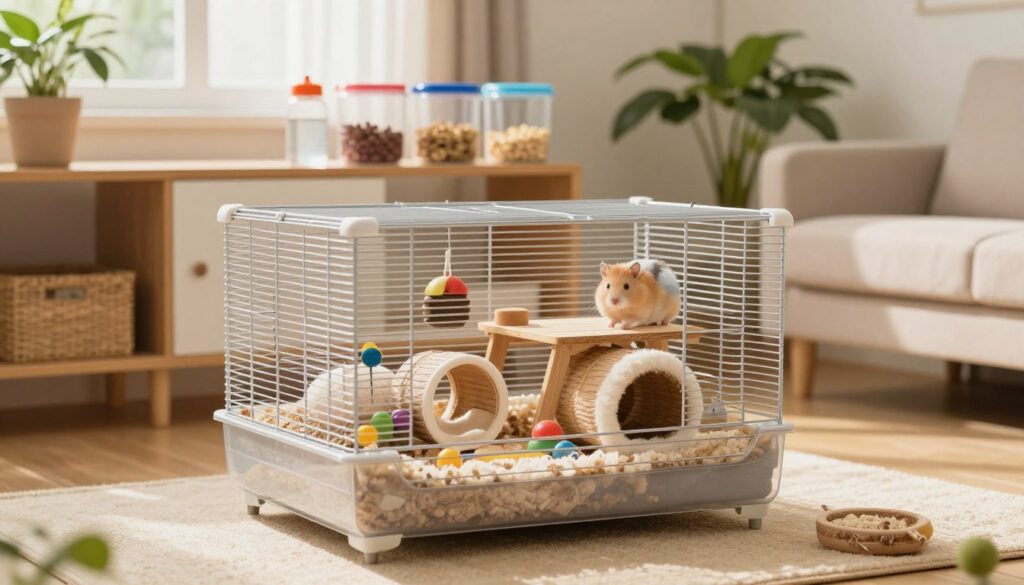 A spacious, aesthetically pleasing hamster cage set in a cozy, well-lit living room. In the foreground, there's a richly detailed multi-level cage with soft bedding, tunnels, and colorful chew toys, showcasing a comfortable environment for the hamster. The middle ground features a wooden shelf with hamster-care items, like food containers and water bottles, emphasizing organization and accessibility. In the background, there are potted plants and warm, natural sunlight filtering through a window, creating a homey atmosphere. The image should have a soft focus on the cage, with a slightly blurred background to draw attention to the well-designed habitat. Soft, warm lighting enhances the inviting mood, making it feel like the perfect setting for a pet hamster. A spacious, aesthetically pleasing hamster cage set in a cozy, well-lit living room. In the foreground, there's a richly detailed multi-level cage with soft bedding, tunnels, and colorful chew toys, showcasing a comfortable environment for the hamster. The middle ground features a wooden shelf with hamster-care items, like food containers and water bottles, emphasizing organization and accessibility. In the background, there are potted plants and warm, natural sunlight filtering through a window, creating a homey atmosphere. The image should have a soft focus on the cage, with a slightly blurred background to draw attention to the well-designed habitat. Soft, warm lighting enhances the inviting mood, making it feel like the perfect setting for a pet hamster.