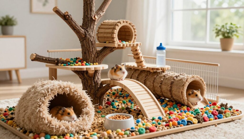 A spacious and well-designed habitat for a Dzungarian hamster, featuring multiple levels and tunnels made of natural materials. In the foreground, a cozy nesting area with soft bedding and a small food dish. In the middle, a multi-story climbing structure made of wooden branches and ramps, with safety barriers and a water bottle for hydration. The background showcases a bright and airy room with a large window allowing natural light to illuminate the scene, highlighting the vibrant colors of the bedding and accessories. Soft shadows create a warm atmosphere, evoking a sense of safety and activity. The camera angle is slightly elevated, providing a clear view of the entire setup, emphasizing the importance of movement and safety for the pet's longevity. A spacious and well-designed habitat for a Dzungarian hamster, featuring multiple levels and tunnels made of natural materials. In the foreground, a cozy nesting area with soft bedding and a small food dish. In the middle, a multi-story climbing structure made of wooden branches and ramps, with safety barriers and a water bottle for hydration. The background showcases a bright and airy room with a large window allowing natural light to illuminate the scene, highlighting the vibrant colors of the bedding and accessories. Soft shadows create a warm atmosphere, evoking a sense of safety and activity. The camera angle is slightly elevated, providing a clear view of the entire setup, emphasizing the importance of movement and safety for the pet's longevity.