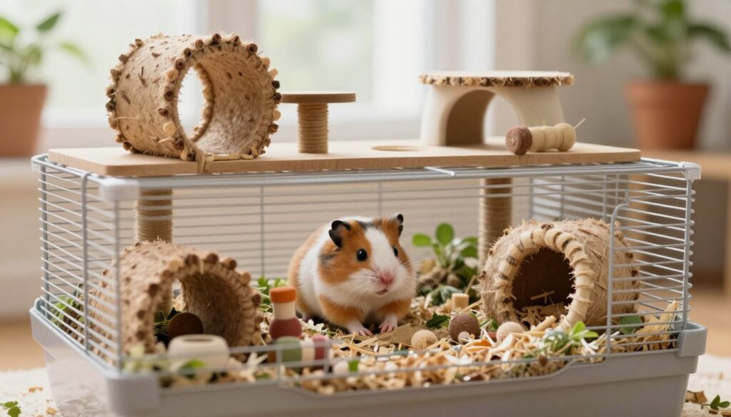 A spacious and well-designed hamster cage, prominently placed in the foreground, showcasing multiple levels with various tunnels and climbing structures made of natural materials. In the middle, a happy brown and white Syrian hamster is curiously exploring its habitat, surrounded by fresh bedding and chew toys, enhancing the sense of activity. The background features soft, diffused natural light coming through a window, creating a warm and inviting atmosphere, with potted plants adding a touch of greenery. The image should evoke a sense of health and vitality, reflecting the importance of a well-structured environment for the longevity and well-being of a Syrian hamster. A spacious and well-designed hamster cage, prominently placed in the foreground, showcasing multiple levels with various tunnels and climbing structures made of natural materials. In the middle, a happy brown and white Syrian hamster is curiously exploring its habitat, surrounded by fresh bedding and chew toys, enhancing the sense of activity. The background features soft, diffused natural light coming through a window, creating a warm and inviting atmosphere, with potted plants adding a touch of greenery. The image should evoke a sense of health and vitality, reflecting the importance of a well-structured environment for the longevity and well-being of a Syrian hamster.