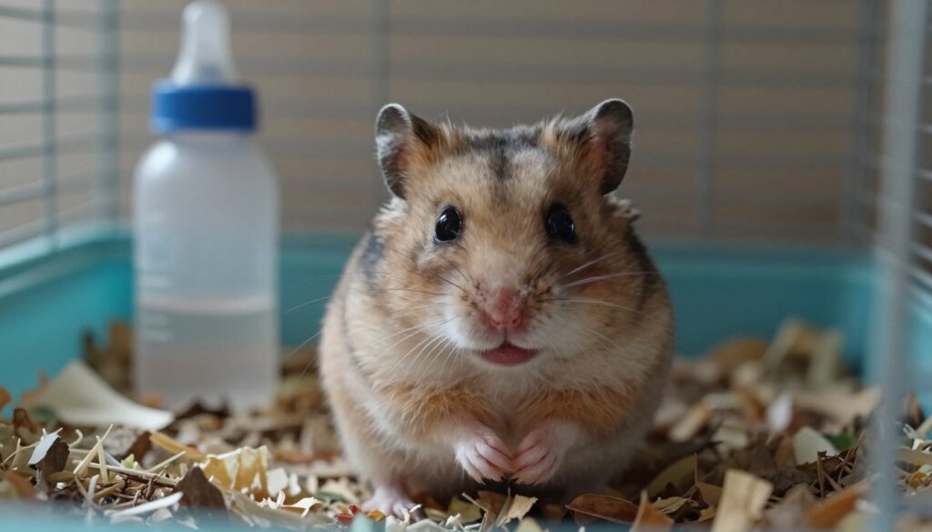 A stressed hamster sitting in a small cage, with its fur slightly ruffled and eyes wide open, displaying a look of anxiety. The foreground should feature the hamster prominently, showing a close-up of its trembling paws and a slightly open mouth, suggesting distress. In the middle ground, include bedding scattered about, emphasizing an untidy environment, as well as a water bottle that appears untouched. The background should depict a dimly lit room with soft, shadowy corners, creating a tense atmosphere. Use soft, natural lighting to enhance the feeling of unease, and capture the hamster's gaze slightly off to the side, as if it's anticipating danger. Aim for a realistic, poignant representation that evokes empathy for the animal's situation.