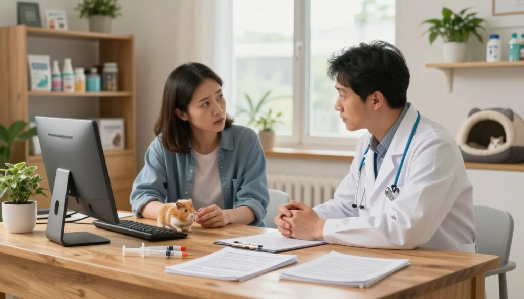 A thoughtful veterinarian's office setting focused on pet care, with a cozy atmosphere. In the foreground, a warm wooden desk with detailed veterinary equipment like syringes, pamphlets about costs, and a comforting pet bed. In the middle, a concerned pet owner, dressed in casual yet tidy attire, discussing options with a professional-looking veterinarian in a white coat. The background features shelves filled with pet care products and plants, providing a nurturing ambiance. Soft, natural daylight streams through a large window, illuminating the room and creating a calm, reassuring mood. The composition emphasizes the serious discussion around costs related to end-of-life care for pets, particularly hamsters. A thoughtful veterinarian's office setting focused on pet care, with a cozy atmosphere. In the foreground, a warm wooden desk with detailed veterinary equipment like syringes, pamphlets about costs, and a comforting pet bed. In the middle, a concerned pet owner, dressed in casual yet tidy attire, discussing options with a professional-looking veterinarian in a white coat. The background features shelves filled with pet care products and plants, providing a nurturing ambiance. Soft, natural daylight streams through a large window, illuminating the room and creating a calm, reassuring mood. The composition emphasizes the serious discussion around costs related to end-of-life care for pets, particularly hamsters.