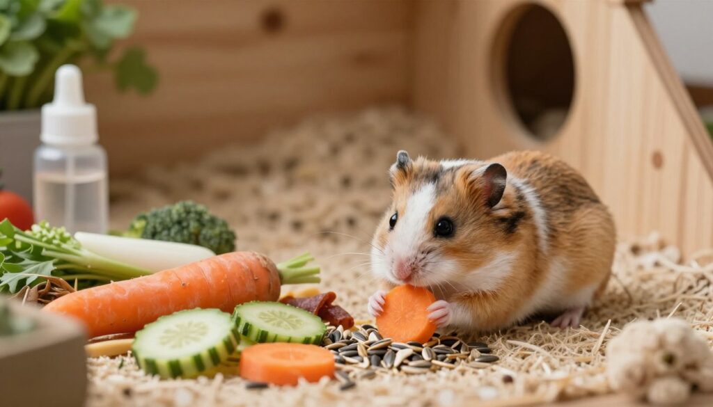 A tranquil scene depicting a Dzungarian hamster calmly exploring a variety of fresh foods in a cozy habitat. In the foreground, the hamster, with its soft fur and inquisitive eyes, is gingerly nibbling on a slice of carrot while surrounded by a small selection of vegetables and seeds. In the middle ground, a carefully arranged cozy habitat includes a soft bedding layer, a small water bottle, and an array of colorful, safe foods to highlight the theme of dietary change. The background features soft wooden elements and a hint of greenery, suggesting a natural environment. The lighting is warm and soft, creating a peaceful atmosphere, with a slight focus on the hamster, capturing the essence of calm dietary adjustments in an adorable, safe setting. The composition should evoke gentleness and curiosity, fostering an inviting feel. A tranquil scene depicting a Dzungarian hamster calmly exploring a variety of fresh foods in a cozy habitat. In the foreground, the hamster, with its soft fur and inquisitive eyes, is gingerly nibbling on a slice of carrot while surrounded by a small selection of vegetables and seeds. In the middle ground, a carefully arranged cozy habitat includes a soft bedding layer, a small water bottle, and an array of colorful, safe foods to highlight the theme of dietary change. The background features soft wooden elements and a hint of greenery, suggesting a natural environment. The lighting is warm and soft, creating a peaceful atmosphere, with a slight focus on the hamster, capturing the essence of calm dietary adjustments in an adorable, safe setting. The composition should evoke gentleness and curiosity, fostering an inviting feel.