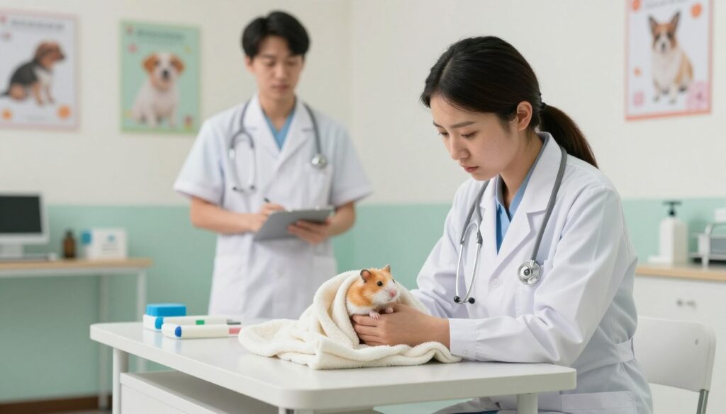 A veterinarian's office portrayed in a step-by-step procedure for caring for a small pet, specifically highlighting the process of euthanizing a hamster. In the foreground, a gentle vet in a white coat kneels beside a small examination table, visibly empathetic while holding a cute, healthy hamster wrapped in a soft blanket. In the middle ground, a veterinary technician stands ready with a calm expression, preparing medical equipment. The background features a well-equipped clinic with soothing colors, soft lighting, and various pet care posters on the walls. The atmosphere is serene and compassionate, emphasizing the importance of humane treatment. The image should capture the delicate nature of the situation while maintaining a professional environment, ensuring a safe, respectful representation of the veterinary procedure. A veterinarian's office portrayed in a step-by-step procedure for caring for a small pet, specifically highlighting the process of euthanizing a hamster. In the foreground, a gentle vet in a white coat kneels beside a small examination table, visibly empathetic while holding a cute, healthy hamster wrapped in a soft blanket. In the middle ground, a veterinary technician stands ready with a calm expression, preparing medical equipment. The background features a well-equipped clinic with soothing colors, soft lighting, and various pet care posters on the walls. The atmosphere is serene and compassionate, emphasizing the importance of humane treatment. The image should capture the delicate nature of the situation while maintaining a professional environment, ensuring a safe, respectful representation of the veterinary procedure.