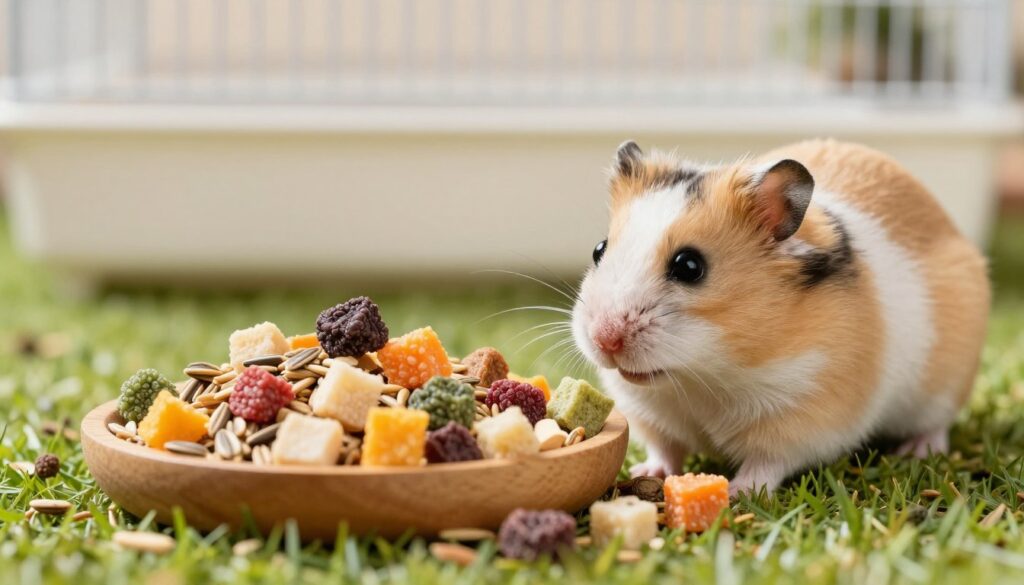 A vibrant and colorful scene showcasing a variety of hamster treats arranged artistically. In the foreground, a small wooden bowl filled with assorted healthy hamster snacks like seeds, dried fruits, and tiny vegetable cubes. Near the bowl, a cute, fluffy Dzungarian hamster curiously explores the treats, its fur detailed and well-defined. In the middle ground, a softly blurred patch of green grass enhances the natural setting. The background features a light, airy cage setup with soft lighting that creates a warm and inviting atmosphere. The image should evoke a sense of playfulness and gentleness, emphasizing the bond between pet and owner while focusing on the theme of positive reinforcement through treats. A vibrant and colorful scene showcasing a variety of hamster treats arranged artistically. In the foreground, a small wooden bowl filled with assorted healthy hamster snacks like seeds, dried fruits, and tiny vegetable cubes. Near the bowl, a cute, fluffy Dzungarian hamster curiously explores the treats, its fur detailed and well-defined. In the middle ground, a softly blurred patch of green grass enhances the natural setting. The background features a light, airy cage setup with soft lighting that creates a warm and inviting atmosphere. The image should evoke a sense of playfulness and gentleness, emphasizing the bond between pet and owner while focusing on the theme of positive reinforcement through treats.