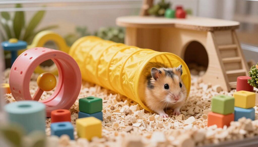 A vibrant and cozy hamster play area filled with various engaging toys. In the foreground, a colorful assortment of small hamster toys like a miniature wheel, tunnels, and chewable blocks, arranged on soft bedding. In the middle, a playful hamster exploring a bright yellow tunnel, with its fur glistening under warm, soft lighting. In the background, a beautifully designed habitat featuring natural wooden structures and greenery, creating a sense of a safe and lively environment. The overall atmosphere is cheerful and inviting, capturing the playful spirit of the hamster, with a focus on enhancing its well-being through fun activities. The image should be bright, well-lit, and feature a shallow depth of field to emphasize the hamster and its toys.