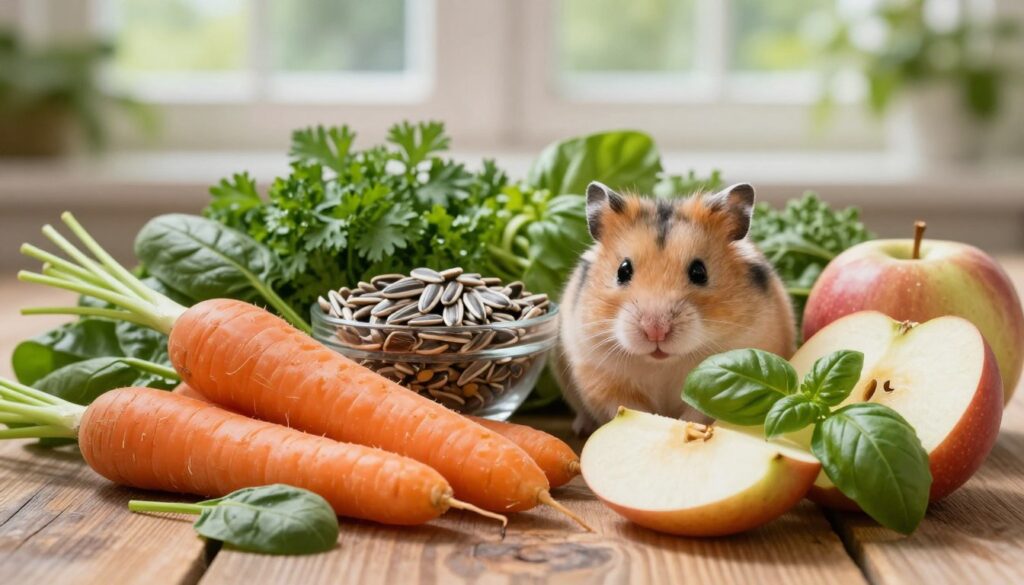 A vibrant and detailed assortment of vegetables, fruits, and herbs suitable for a hamster, beautifully arranged on a rustic wooden surface. In the foreground, plump carrots, fresh spinach leaves, juicy apple slices, and fragrant basil are artfully displayed. The middle section features a small bowl filled with sunflower seeds and scattered herbs like parsley for added texture. In the background, soft natural light filters through a window, casting gentle shadows and enhancing the fresh, colorful hues of the produce. The overall atmosphere is warm and inviting, with hints of greenery creating a sense of a wholesome diet for a pet hamster. Capture this scene with a shallow depth of field, emphasizing the foreground while softly blurring the background. A vibrant and detailed assortment of vegetables, fruits, and herbs suitable for a hamster, beautifully arranged on a rustic wooden surface. In the foreground, plump carrots, fresh spinach leaves, juicy apple slices, and fragrant basil are artfully displayed. The middle section features a small bowl filled with sunflower seeds and scattered herbs like parsley for added texture. In the background, soft natural light filters through a window, casting gentle shadows and enhancing the fresh, colorful hues of the produce. The overall atmosphere is warm and inviting, with hints of greenery creating a sense of a wholesome diet for a pet hamster. Capture this scene with a shallow depth of field, emphasizing the foreground while softly blurring the background.