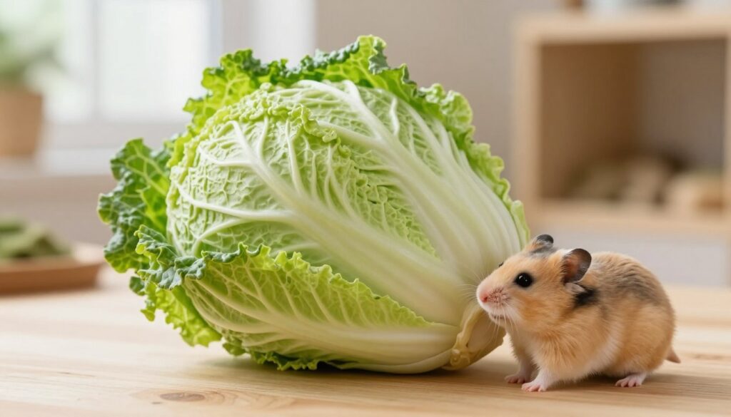A vibrant and detailed close-up of a fresh head of napa cabbage (kapusta pekińska) placed on a light wooden surface, with bright green leaves curling at the edges. In the foreground, small hamster paws gently reach toward the cabbage, emphasizing its suitability as a food source. The hamsters are depicted in a playful pose, nestled beside the cabbage. The background features a softly blurred, cozy pet habitat with natural lighting filtering through a nearby window, creating a warm and inviting atmosphere. The image has a soft focus for a gentle, serene effect, capturing the essence of healthy pet care. A vibrant and detailed close-up of a fresh head of napa cabbage (kapusta pekińska) placed on a light wooden surface, with bright green leaves curling at the edges. In the foreground, small hamster paws gently reach toward the cabbage, emphasizing its suitability as a food source. The hamsters are depicted in a playful pose, nestled beside the cabbage. The background features a softly blurred, cozy pet habitat with natural lighting filtering through a nearby window, creating a warm and inviting atmosphere. The image has a soft focus for a gentle, serene effect, capturing the essence of healthy pet care.
