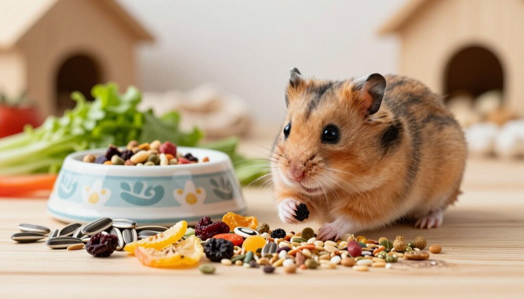 A vibrant and detailed close-up of a healthy hamster carefully inspecting a selection of colorful seeds, grains, and nutritious food items in a soft, natural light. The foreground features the hamster with its fur glistening and eyes sparkling, surrounded by a variety of sunflower seeds, dried fruits, and mixed pellets arranged artfully on a wooden surface. In the middle ground, a beautifully designed food dish adds a touch of charm, while an assortment of fresh greens and vegetables lay nearby. The background softly fades into a cozy habitat with soft bedding and small hiding spots, creating a warm and inviting atmosphere that emphasizes the importance of a balanced diet for pet well-being. The overall mood is cheerful and wholesome, perfect for illustrating hamster care.