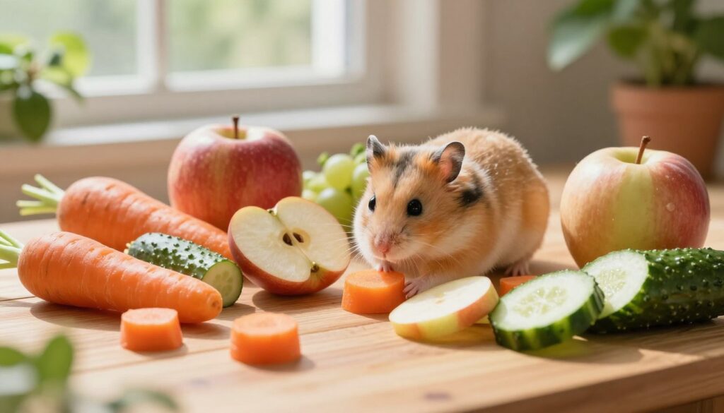 A vibrant and detailed composition featuring a variety of fruits and vegetables suitable for hamsters, such as small pieces of carrots, apples, and cucumbers, arranged artistically on a wooden surface. In the foreground, a few pieces are scattered playfully, emphasizing their freshness and appeal to pets. The middle ground showcases a small, cute hamster curiously exploring this colorful assortment, with its fur catching the soft, warm sunlight filtering through a nearby window. In the background, gentle greenery and soft-focus plants create a serene, natural habitat ambiance, enhancing the overall warmth of the scene. The lighting should be bright and inviting, evoking a cheerful and wholesome mood, ideal for illustrating the importance of safe fruits and vegetables in a hamster's diet. A vibrant and detailed composition featuring a variety of fruits and vegetables suitable for hamsters, such as small pieces of carrots, apples, and cucumbers, arranged artistically on a wooden surface. In the foreground, a few pieces are scattered playfully, emphasizing their freshness and appeal to pets. The middle ground showcases a small, cute hamster curiously exploring this colorful assortment, with its fur catching the soft, warm sunlight filtering through a nearby window. In the background, gentle greenery and soft-focus plants create a serene, natural habitat ambiance, enhancing the overall warmth of the scene. The lighting should be bright and inviting, evoking a cheerful and wholesome mood, ideal for illustrating the importance of safe fruits and vegetables in a hamster's diet.