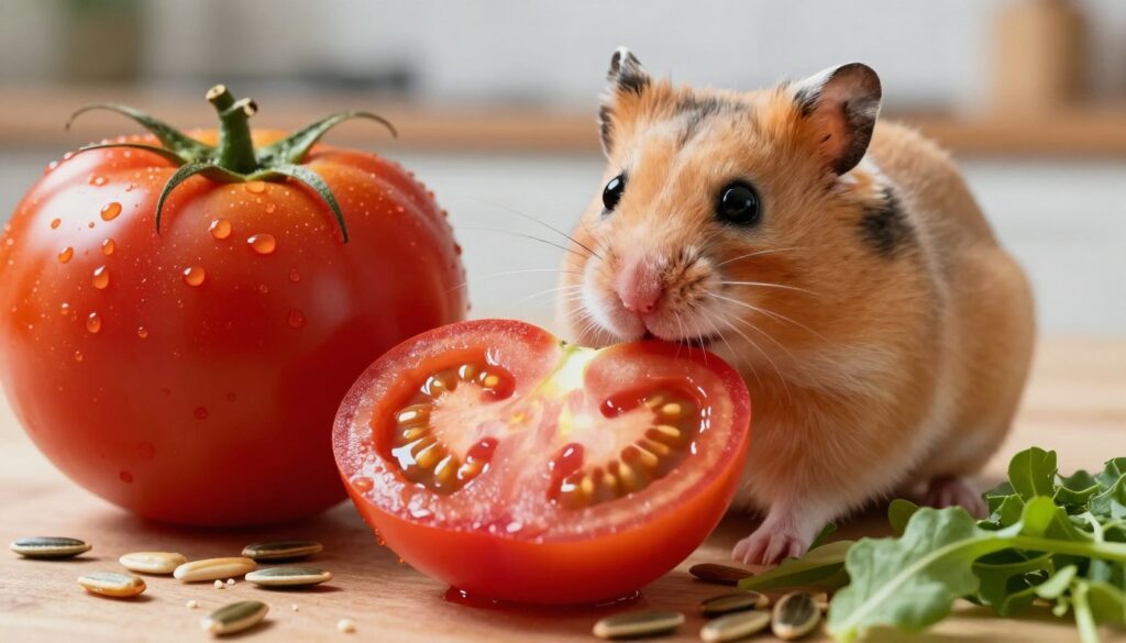 A vibrant and detailed composition showcasing the nutritional value hidden within ripe tomatoes, focusing on their benefits for hamsters. In the foreground, a close-up of a halved tomato displays its juicy, red flesh with visible seeds and glistening water droplets. Surrounding the tomato are small pieces of hamsters' favorite seeds and greens, emphasizing a healthy diet. The middle ground features a curious hamster gently sniffing at the tomato, with its fur rendered in soft, warm tones. In the background, a blurred kitchen setting suggests a domestic environment. The lighting is bright and natural, creating a fresh and inviting atmosphere, while a shallow depth of field highlights the hamster and tomato, drawing attention to their connection. A vibrant and detailed composition showcasing the nutritional value hidden within ripe tomatoes, focusing on their benefits for hamsters. In the foreground, a close-up of a halved tomato displays its juicy, red flesh with visible seeds and glistening water droplets. Surrounding the tomato are small pieces of hamsters' favorite seeds and greens, emphasizing a healthy diet. The middle ground features a curious hamster gently sniffing at the tomato, with its fur rendered in soft, warm tones. In the background, a blurred kitchen setting suggests a domestic environment. The lighting is bright and natural, creating a fresh and inviting atmosphere, while a shallow depth of field highlights the hamster and tomato, drawing attention to their connection.