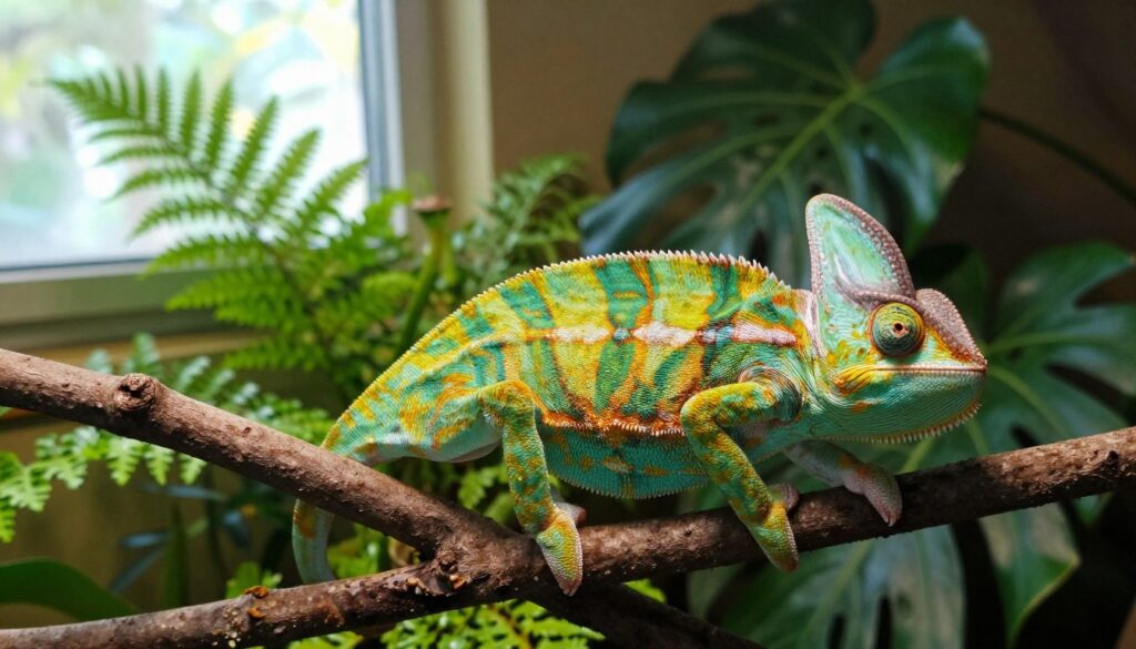 A vibrant and detailed depiction of a Yemeni chameleon perched on a branch in a lush, indoor habitat. In the foreground, focus on the chameleon's striking color patterns, showcasing its brilliant greens, yellows, and a hint of blue, emphasizing its unique texture and the subtle details of its skin. The middle ground features a variety of tropical plants, including ferns and broad-leaved foliage, creating a naturalistic setting that mimics the chameleon's wild environment. In the background, soft, diffused sunlight filters through a window, casting gentle shadows and adding a warm, inviting ambiance. The composition is captured from a slightly elevated angle, highlighting both the chameleon and the rich greenery around it, evoking a sense of tranquility and interest in the longevity and care of this fascinating creature.