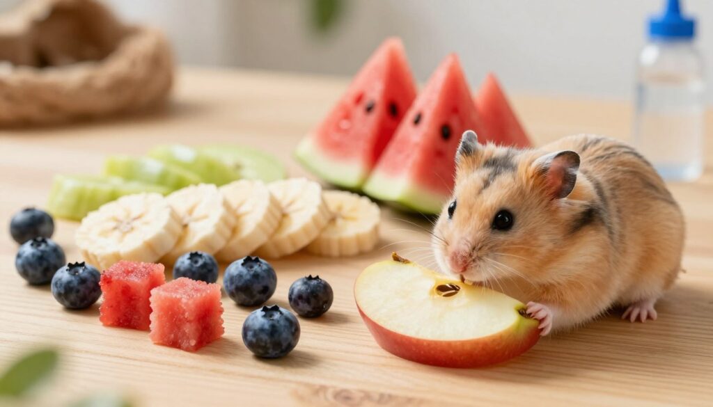 A vibrant and detailed depiction of a hamster's diet, featuring an array of colorful fruits arranged on a stylish wooden surface. In the foreground, a cute, fluffy hamster curiously sniffs a slice of fresh apple, its tiny paws gently resting on the fruit. In the middle, an assortment of safe fruits for hamsters, including blueberries, slices of banana, and small chunks of watermelon, are artistically arranged to emphasize their freshness and suitability. The background includes soft, natural lighting that creates a warm atmosphere, with a blurred hint of a cozy hamster habitat featuring soft bedding and a small water bottle. The overall mood is playful and informative, striking a balance between the cute nature of hamsters and the healthy aspect of their diet. A vibrant and detailed depiction of a hamster's diet, featuring an array of colorful fruits arranged on a stylish wooden surface. In the foreground, a cute, fluffy hamster curiously sniffs a slice of fresh apple, its tiny paws gently resting on the fruit. In the middle, an assortment of safe fruits for hamsters, including blueberries, slices of banana, and small chunks of watermelon, are artistically arranged to emphasize their freshness and suitability. The background includes soft, natural lighting that creates a warm atmosphere, with a blurred hint of a cozy hamster habitat featuring soft bedding and a small water bottle. The overall mood is playful and informative, striking a balance between the cute nature of hamsters and the healthy aspect of their diet.
