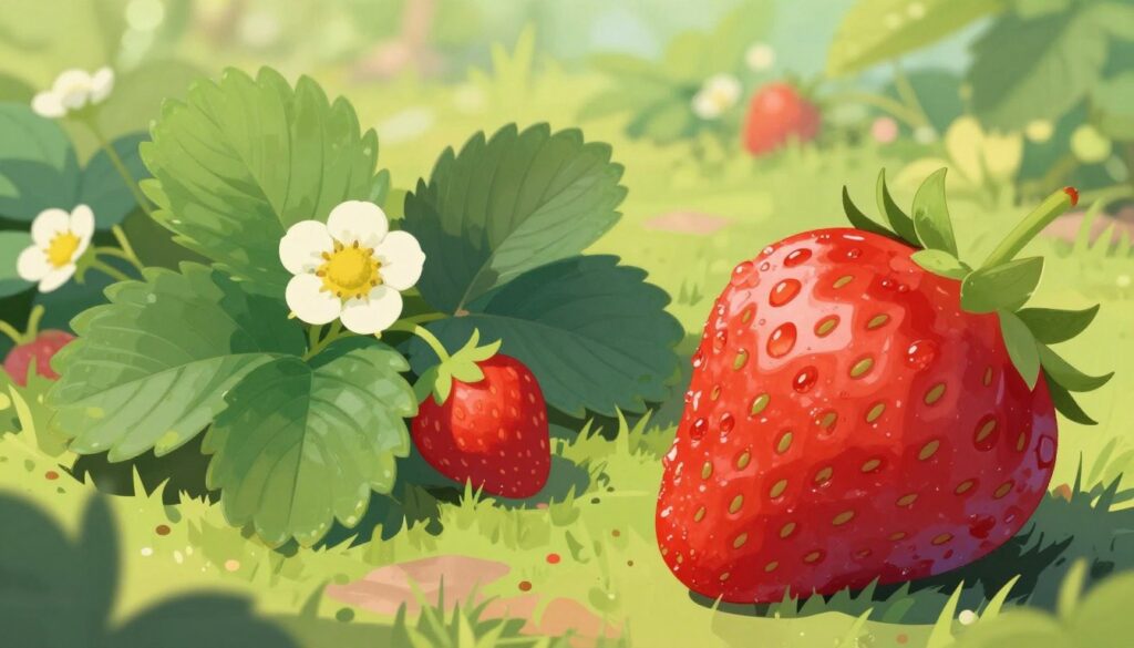 A vibrant and detailed illustration of a strawberry, showcasing its nutritional values in an organic and appealing way. In the foreground, a fresh, ripe strawberry with droplets of water on its surface glistens under soft, natural lighting. The middle ground includes a botanical display of strawberry leaves and small flowers, highlighting the fruit's natural environment. In the background, a blurred out garden scene with gentle sunlight filtering through leaves creates an inviting atmosphere. The color palette is warm, featuring deep reds and lush greens to evoke health and vitality. The composition captures the essence of strawberries while emphasizing their nutritional benefits, perfect for an engaging visual representation. A vibrant and detailed illustration of a strawberry, showcasing its nutritional values in an organic and appealing way. In the foreground, a fresh, ripe strawberry with droplets of water on its surface glistens under soft, natural lighting. The middle ground includes a botanical display of strawberry leaves and small flowers, highlighting the fruit's natural environment. In the background, a blurred out garden scene with gentle sunlight filtering through leaves creates an inviting atmosphere. The color palette is warm, featuring deep reds and lush greens to evoke health and vitality. The composition captures the essence of strawberries while emphasizing their nutritional benefits, perfect for an engaging visual representation.