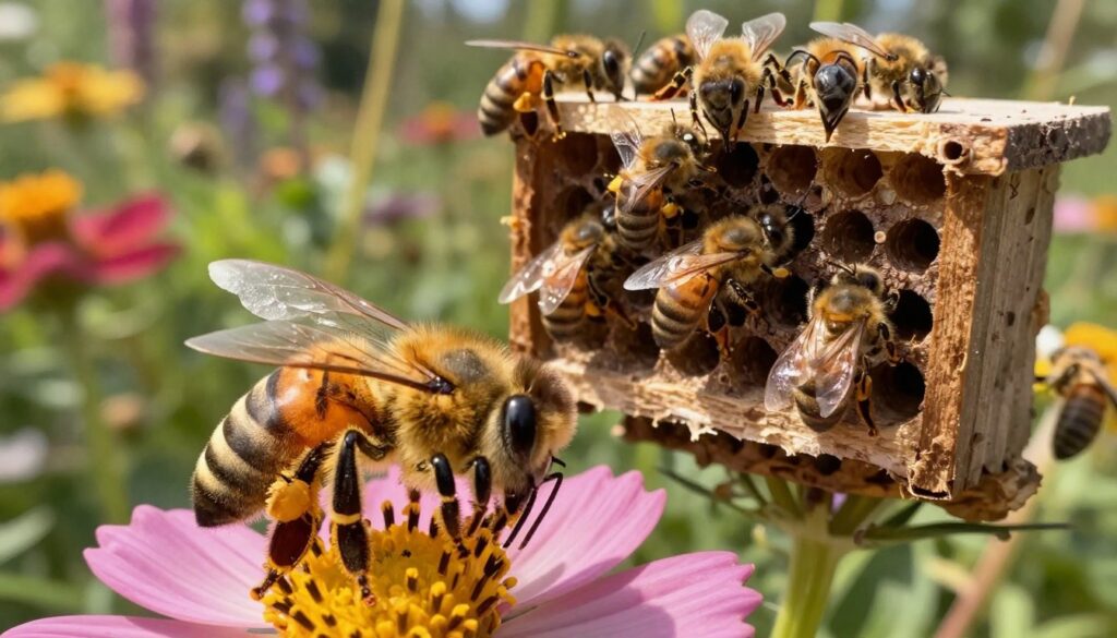 A vibrant and detailed scene depicting a bee habitat showcasing factors that influence bee lifespans. In the foreground, a close-up of a worker bee gathering nectar from a colorful flower, with pollen covered legs, radiating vitality and life. In the middle ground, a queen bee surrounded by her attendants in a well-structured hive, illustrating the social structure. In the background, a lush garden with diverse plants, some healthy and vibrant, others wilting, symbolizing environmental impacts on bee life. The scene is illuminated by soft, golden sunlight, enhancing the warm atmosphere and creating gentle shadows. A shallow depth of field emphasizes the bees while maintaining a harmonious blurred background. The overall feel of the image is a blend of beauty and urgency, capturing the delicate balance of life in the bee world.