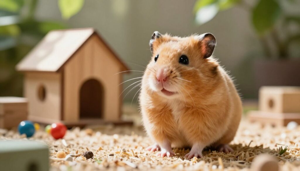A vibrant and engaging scene featuring a Syrian hamster showcasing territorial behavior. In the foreground, a curious male hamster with a fluffy golden coat and distinctive cheek pouches is standing confidently on its hind legs, surveying its surroundings with keen interest. Its tiny paws are positioned assertively, emphasizing its territorial nature. The middle ground features a cozy, natural habitat with soft bedding, a small wooden house, and a few scattered toys for enrichment. In the background, dappled sunlight filters through leaves, creating an inviting and warm atmosphere. The lighting is soft yet bright, highlighting the hamster’s fur texture and the details of its environment. The overall mood is lively and curious, capturing the essence of a hamster exploring its territory. The perspective is slightly low, focusing on the hamster to evoke a sense of intimacy. A vibrant and engaging scene featuring a Syrian hamster showcasing territorial behavior. In the foreground, a curious male hamster with a fluffy golden coat and distinctive cheek pouches is standing confidently on its hind legs, surveying its surroundings with keen interest. Its tiny paws are positioned assertively, emphasizing its territorial nature. The middle ground features a cozy, natural habitat with soft bedding, a small wooden house, and a few scattered toys for enrichment. In the background, dappled sunlight filters through leaves, creating an inviting and warm atmosphere. The lighting is soft yet bright, highlighting the hamster’s fur texture and the details of its environment. The overall mood is lively and curious, capturing the essence of a hamster exploring its territory. The perspective is slightly low, focusing on the hamster to evoke a sense of intimacy.