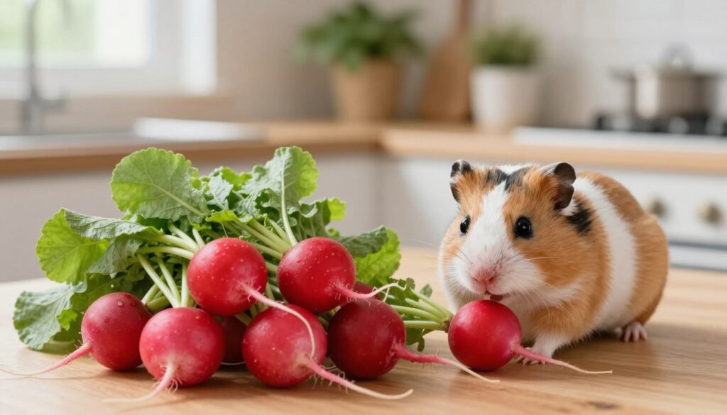 A vibrant and fresh arrangement of radishes, showcasing their bright red exteriors and lush green leaves, sits in the foreground. In the middle ground, a curious hamster investigates the radishes, with its fur displaying a warm blend of tan and white. The background features a soft-focus kitchen setting, emphasizing a clean and wholesome atmosphere, adorned with wooden countertops and splashes of greenery. Natural light streams through a nearby window, highlighting the freshness of the radishes and the inquisitive nature of the hamster. The image evokes a sense of health and nourishment, capturing the essence of nutrition in a small pet's diet. A vibrant and fresh arrangement of radishes, showcasing their bright red exteriors and lush green leaves, sits in the foreground. In the middle ground, a curious hamster investigates the radishes, with its fur displaying a warm blend of tan and white. The background features a soft-focus kitchen setting, emphasizing a clean and wholesome atmosphere, adorned with wooden countertops and splashes of greenery. Natural light streams through a nearby window, highlighting the freshness of the radishes and the inquisitive nature of the hamster. The image evokes a sense of health and nourishment, capturing the essence of nutrition in a small pet's diet.