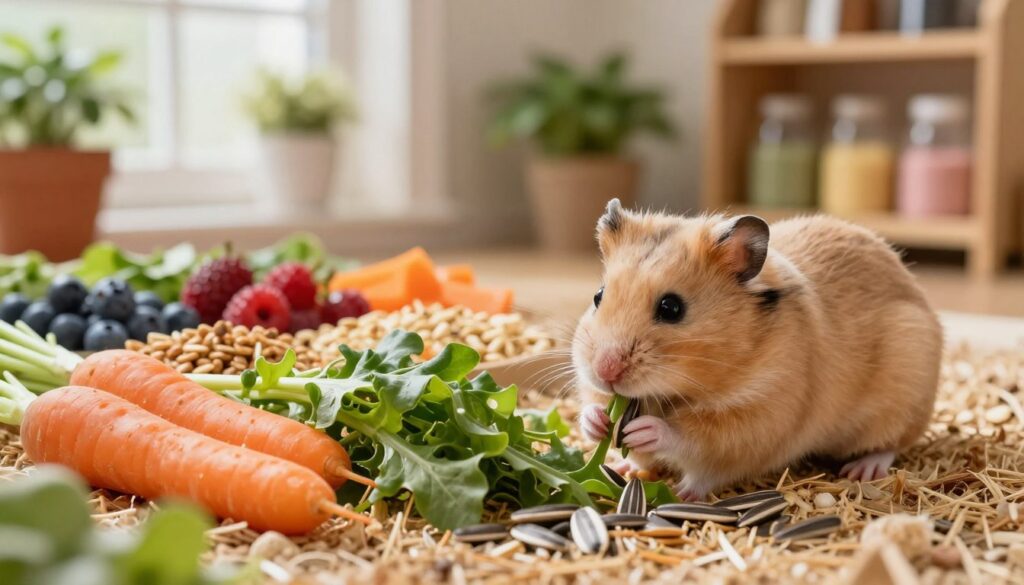 A vibrant and healthy setting showcasing the diet of a Dzungarian hamster. In the foreground, a fluffy, light brown Dzungarian hamster is nibbling on a mix of fresh vegetables like carrots and leafy greens, alongside a few sunflower seeds scattered around. The hamster stands on a bed of soft, natural bedding inside a well-kept habitat. In the middle ground, a variety of colorful, healthy foods like berries and grains are neatly arranged, emphasizing a balanced diet. In the background, soft, warm lighting filters through a window, creating a cozy atmosphere with potted plants and a wooden shelf displaying hamster care items. The overall mood is lively and nurturing, illustrating a healthy environment for a long-lived hamster.