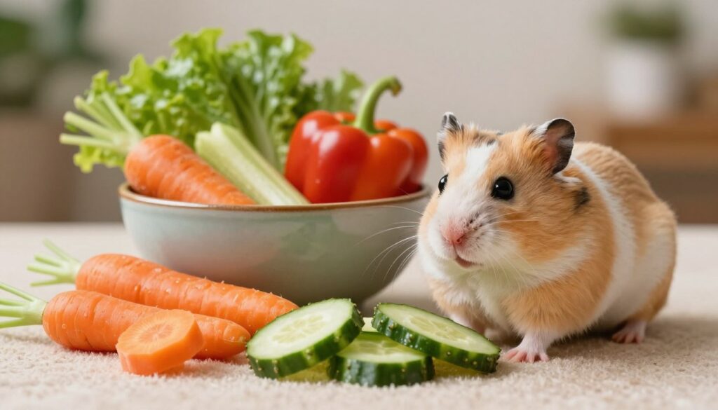 A vibrant assortment of fresh vegetables suitable for a Syrian hamster, prominently displayed in the foreground. Include a variety of colorful options like small pieces of carrot, cucumber, bell pepper, and leafy greens arranged artistically on a soft, textured surface. In the middle ground, have a chic ceramic bowl partially filled with these vegetables, emphasizing their freshness and appeal. The background features a softly blurred natural setting, hinting at a cozy home environment with warm, gentle lighting that evokes a sense of care and nurturing. The composition captures a mood of health and vitality, inviting a sense of curiosity about safe dietary additions for pet hamsters.