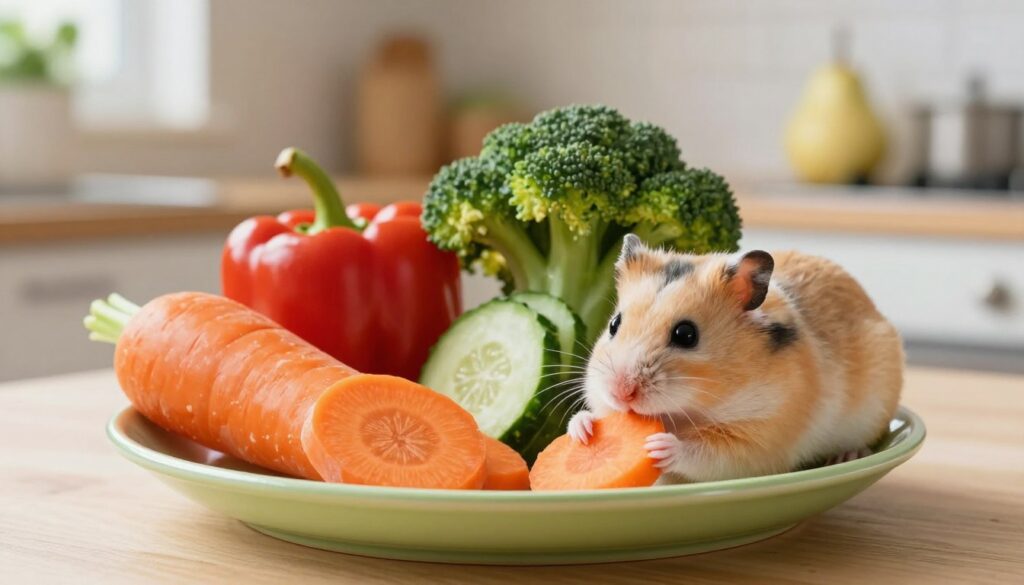 A vibrant assortment of fresh vegetables suitable for hamsters, including slices of carrots, bell peppers, broccoli, and cucumbers, artfully arranged in a small, colorful dish. In the foreground, a cute, fluffy hamster curiously nibbles on a carrot slice, showcasing its tiny paws and whiskers. The middle ground features a blurred kitchen environment filled with soft natural light, gently illuminating the scene. The background softly fades into a warm, inviting home setting, with hints of greenery and pet accessories. The overall mood is cheerful and lively, emphasizing the healthiness of these vegetables, making them an appealing alternative to fruits like pears. The composition should be bright and clear, inviting viewers to appreciate the nutritious options for hamsters. A vibrant assortment of fresh vegetables suitable for hamsters, including slices of carrots, bell peppers, broccoli, and cucumbers, artfully arranged in a small, colorful dish. In the foreground, a cute, fluffy hamster curiously nibbles on a carrot slice, showcasing its tiny paws and whiskers. The middle ground features a blurred kitchen environment filled with soft natural light, gently illuminating the scene. The background softly fades into a warm, inviting home setting, with hints of greenery and pet accessories. The overall mood is cheerful and lively, emphasizing the healthiness of these vegetables, making them an appealing alternative to fruits like pears. The composition should be bright and clear, inviting viewers to appreciate the nutritious options for hamsters.