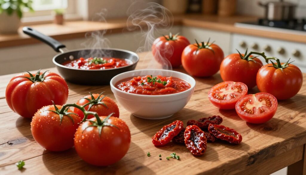 A vibrant assortment of tomatoes displayed on a rustic wooden table, showcasing various forms: fresh red ripe tomatoes, a bowl of cooked tomato sauce, sliced roasted tomatoes with herbs, and sun-dried tomatoes arranged artistically. In the foreground, the fresh tomatoes glisten with dew, emphasizing their ripeness. The middle section includes a small skillet with simmering tomato sauce, releasing steam into the air. The background features a warm, softly lit kitchen environment with plants and kitchen utensils subtly out of focus, creating a cozy atmosphere. The lighting is warm and inviting, casting gentle shadows and highlighting the texture of the tomatoes. Capture this scene from a slightly elevated angle, giving a comprehensive view of the different ways to prepare and serve tomatoes, evoking a sense of culinary creativity and freshness. A vibrant assortment of tomatoes displayed on a rustic wooden table, showcasing various forms: fresh red ripe tomatoes, a bowl of cooked tomato sauce, sliced roasted tomatoes with herbs, and sun-dried tomatoes arranged artistically. In the foreground, the fresh tomatoes glisten with dew, emphasizing their ripeness. The middle section includes a small skillet with simmering tomato sauce, releasing steam into the air. The background features a warm, softly lit kitchen environment with plants and kitchen utensils subtly out of focus, creating a cozy atmosphere. The lighting is warm and inviting, casting gentle shadows and highlighting the texture of the tomatoes. Capture this scene from a slightly elevated angle, giving a comprehensive view of the different ways to prepare and serve tomatoes, evoking a sense of culinary creativity and freshness.