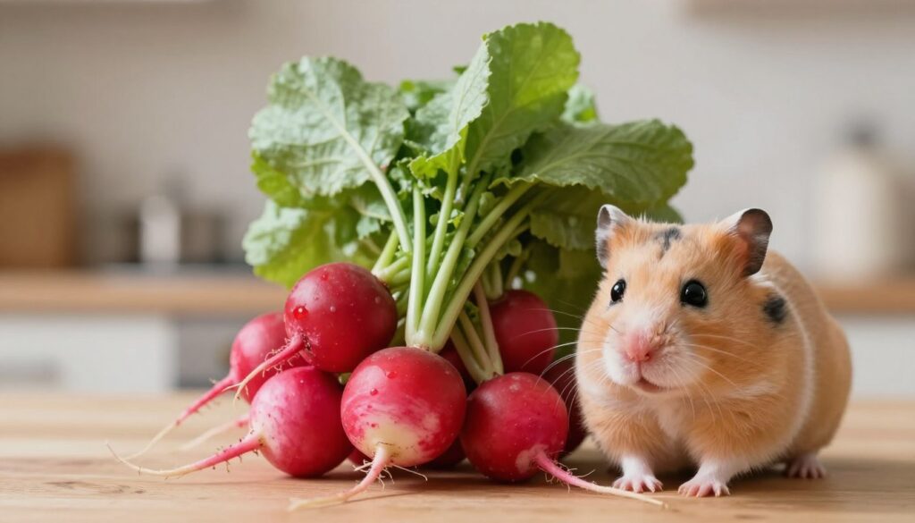 A vibrant composition depicting a concerned hamster sitting beside a fresh bunch of radishes, emphasizing the potential health risks associated with feeding them to pets. In the foreground, the hamster looks up with wide eyes, highlighting curiosity and caution. The radishes, with their vivid red skins and greens, occupy a central place in the middle ground, creating a contrast between temptation and danger. The background features a softly blurred kitchen setting, with gentle lighting casting a warm glow, evoking a feeling of home. The mood is serious yet informative, aiming to educate about pet health risks, while maintaining a lighthearted tone with the cute hamster. The scene should be captured from a slight overhead angle to emphasize the size difference between the small pet and the radishes. No text or captions should be included. A vibrant composition depicting a concerned hamster sitting beside a fresh bunch of radishes, emphasizing the potential health risks associated with feeding them to pets. In the foreground, the hamster looks up with wide eyes, highlighting curiosity and caution. The radishes, with their vivid red skins and greens, occupy a central place in the middle ground, creating a contrast between temptation and danger. The background features a softly blurred kitchen setting, with gentle lighting casting a warm glow, evoking a feeling of home. The mood is serious yet informative, aiming to educate about pet health risks, while maintaining a lighthearted tone with the cute hamster. The scene should be captured from a slight overhead angle to emphasize the size difference between the small pet and the radishes. No text or captions should be included.