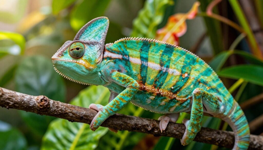 A vibrant, detailed close-up of a kameleon perched on a lush branch, emphasizing its vivid, iridescent scales in shades of green and blue, showcasing its unique camouflage ability. The foreground features the kameleon's expressive eyes and distinctive facial structure, capturing the essence of its alertness. In the middle ground, the leafy surroundings include a variety of exotic plants and foliage that mimic its natural habitat, creating a lively atmosphere. The background is softly blurred, with dappled sunlight filtering through the leaves, creating a warm and inviting light that highlights the kameleon's colors. The image conveys a sense of tranquility and health, ideal for illustrating proper care and feeding practices.