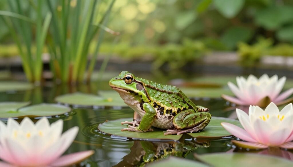 A vibrant green frog perched on a lily pad in a tranquil pond, with water ripples gently surrounding it. The frog's glossy skin shines under soft sunlight, revealing intricate patterns and textures. In the foreground, delicate water lilies bloom with pink and white petals, enhancing the natural beauty of the scene. The middle ground features lush greenery, with tall grasses bending slightly in the breeze. In the background, hints of a serene forest blend harmoniously, with soft dappled light filtering through the leaves. The atmosphere is calm and peaceful, creating a serene habitat that reflects the longevity and natural environment of frogs. The image is captured with a shallow depth of field to focus on the frog, with a slight bokeh effect emphasizing the vibrant nature all around. A vibrant green frog perched on a lily pad in a tranquil pond, with water ripples gently surrounding it. The frog's glossy skin shines under soft sunlight, revealing intricate patterns and textures. In the foreground, delicate water lilies bloom with pink and white petals, enhancing the natural beauty of the scene. The middle ground features lush greenery, with tall grasses bending slightly in the breeze. In the background, hints of a serene forest blend harmoniously, with soft dappled light filtering through the leaves. The atmosphere is calm and peaceful, creating a serene habitat that reflects the longevity and natural environment of frogs. The image is captured with a shallow depth of field to focus on the frog, with a slight bokeh effect emphasizing the vibrant nature all around.